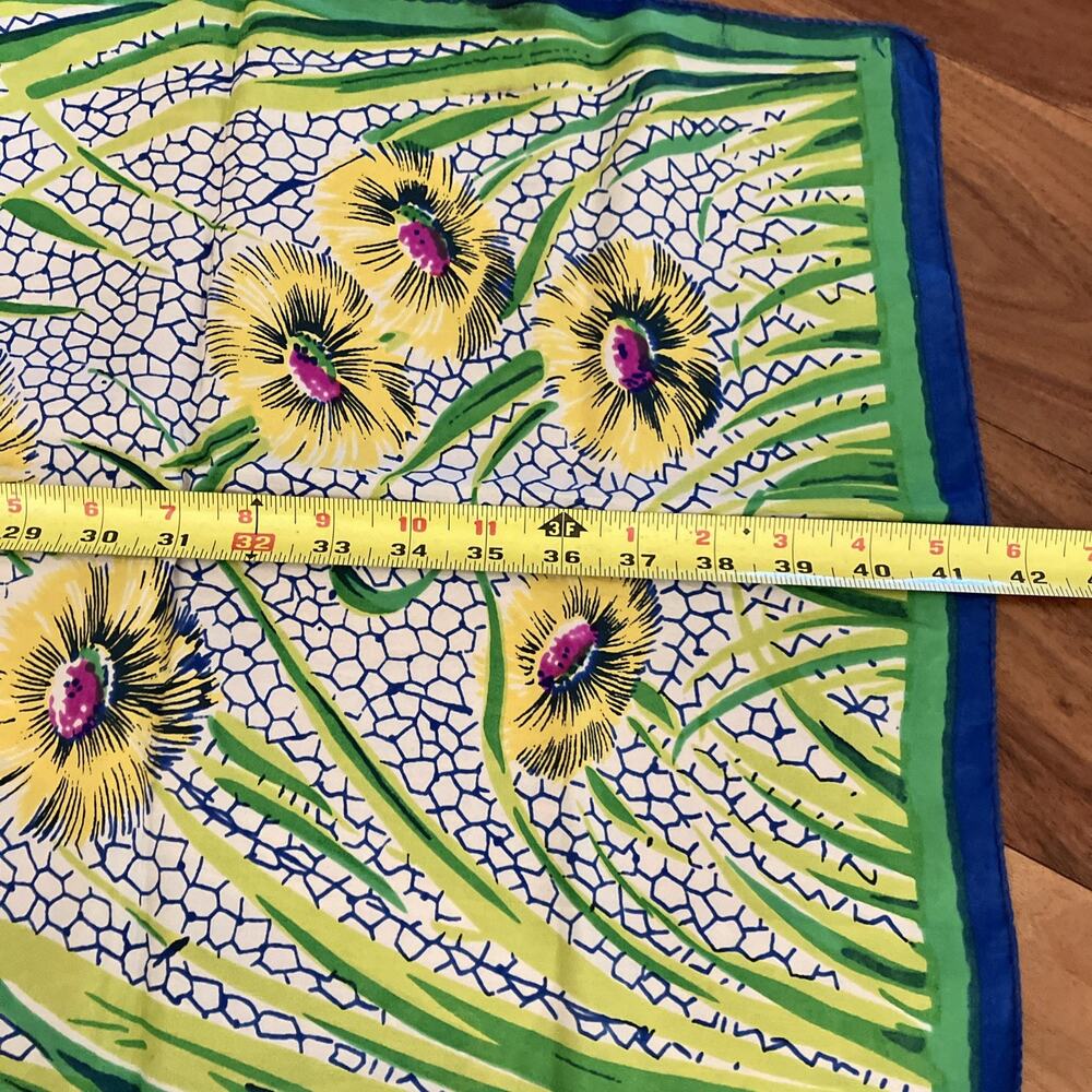 Vtg 1930's Silky Scarf Art Deco Floral Bee's Colorful Hand Rolled Blue MCM Rare - Picture 15 of 16